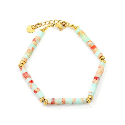 Tresoli Stainless Steel Gold Color PVD Cylindrical Shoushan Stone Round Flat Gold Beads Bracelet