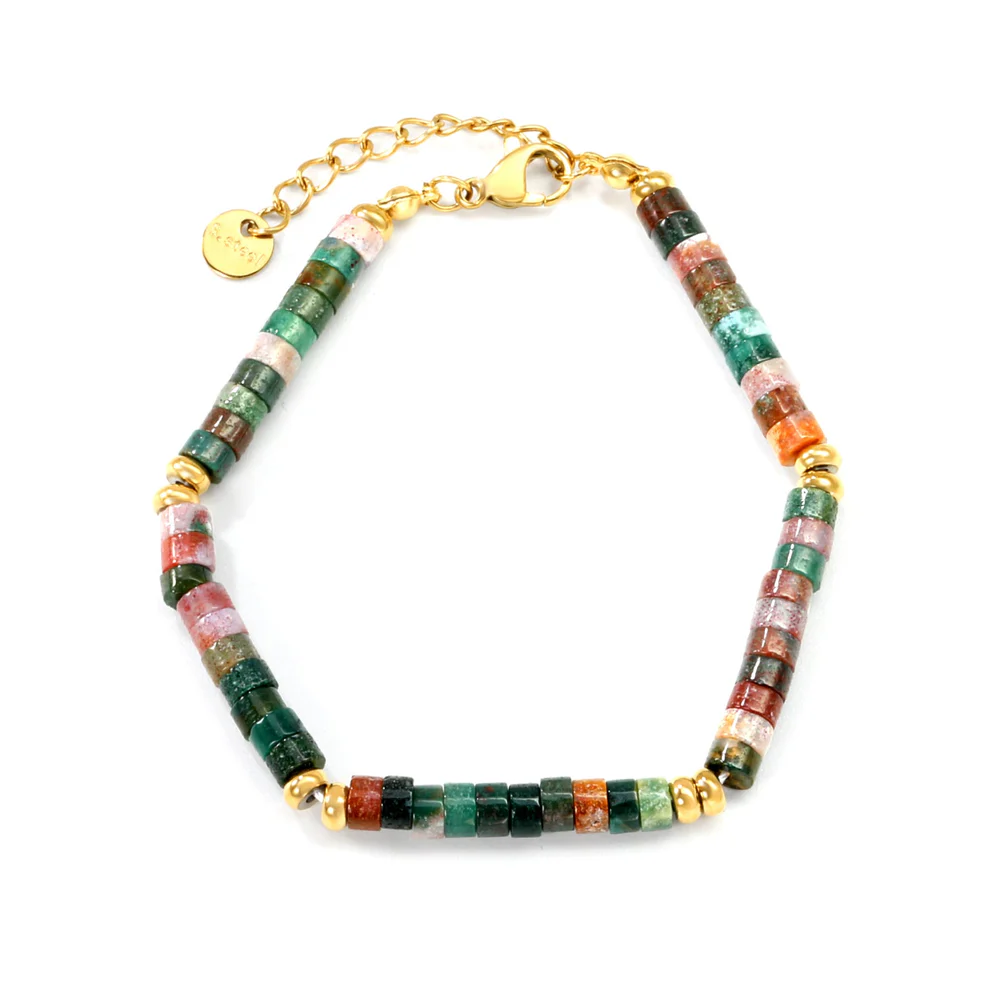 Stainless Steel Gold Color PVD Cylindrical Agate Stone Round Flat Gold Beads Bracelet