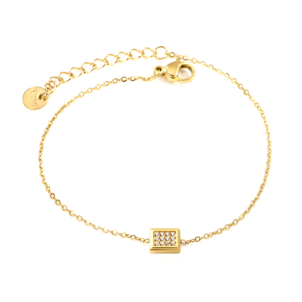 Stainless Steel Round Pendant Steel Gold Color PVD Raised Edge Rectangular 0.3 Cross Chain Bracelet