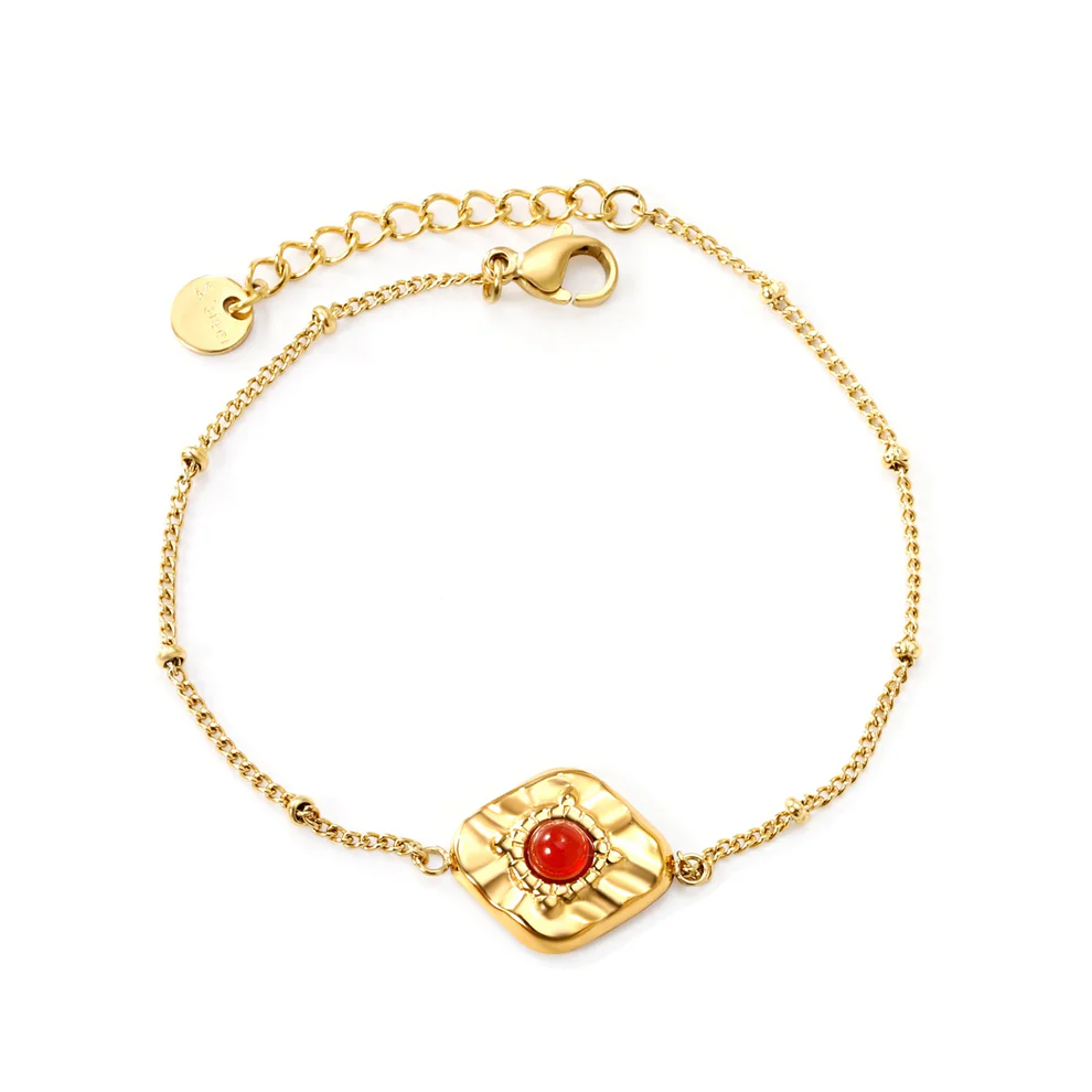Stainless Steel Gold Color PVD Rhombus With Red Stone Bracelet
