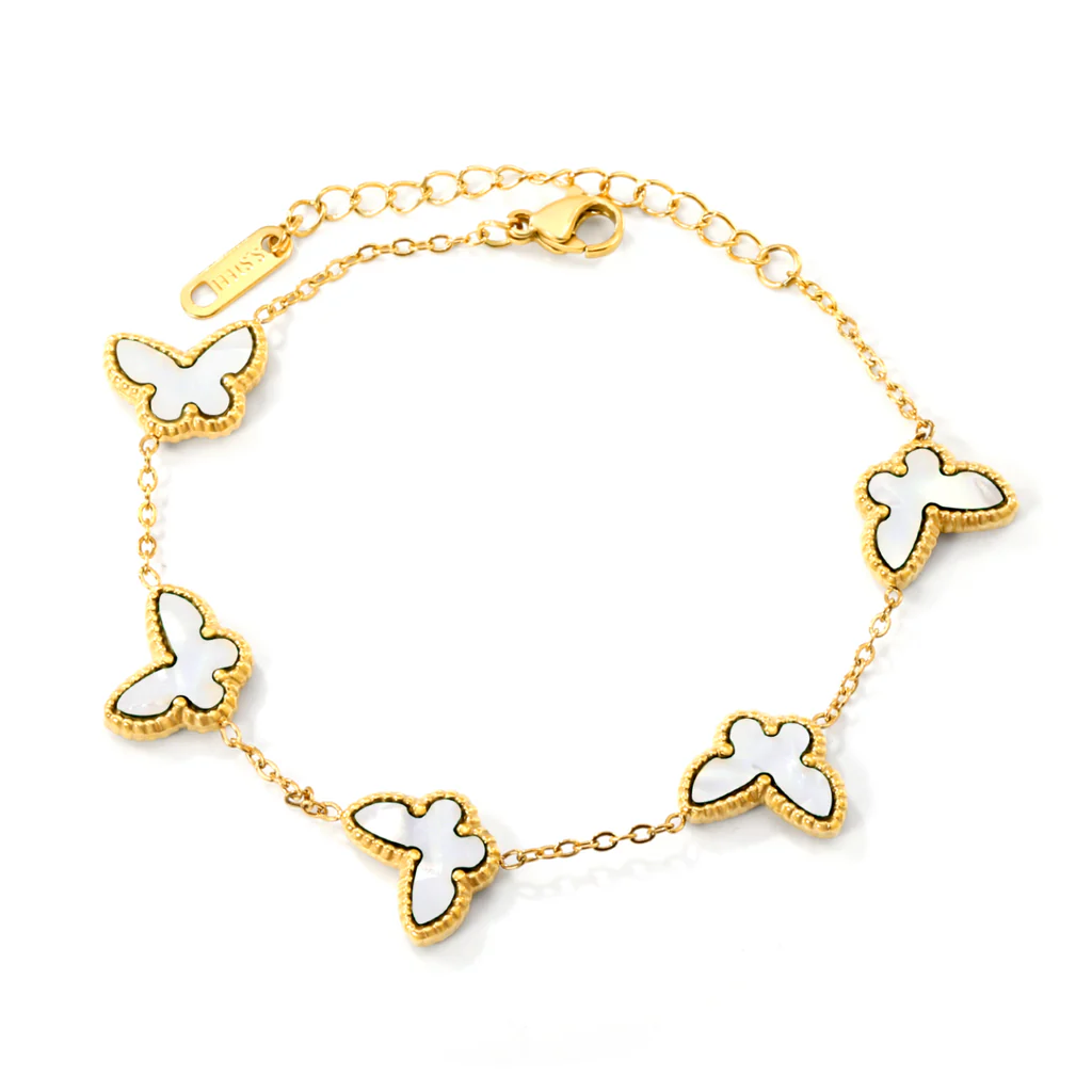 Stelluxe Stainless Steel Gold Color PVD Butterfly Sticky Double Sided White Shell Bracelet