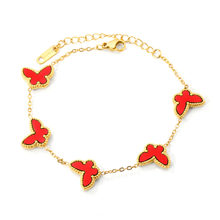 Load image into Gallery viewer, Stelluxe Stainless Steel Gold Color PVD Butterfly Sticky Double Sided Red Acrylic Bracelet