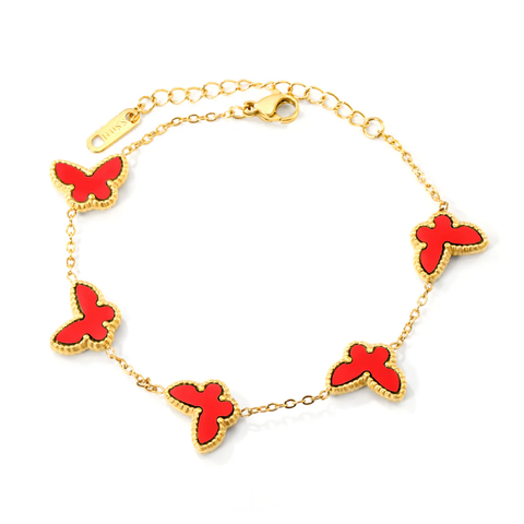 Stelluxe Stainless Steel Gold Color PVD Butterfly Sticky Double Sided Red Acrylic Bracelet