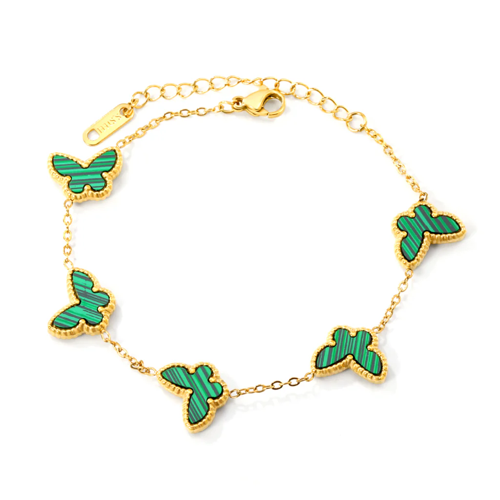 Stelluxe Stainless Steel Gold Color PVD Butterfly Sticky Double Sided Vertical Green Acrylic Bracelet