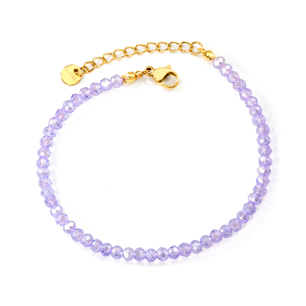Stelluxe Stainless Steel Gold Color PVD Purple Rhombic Round Beads Bracelet