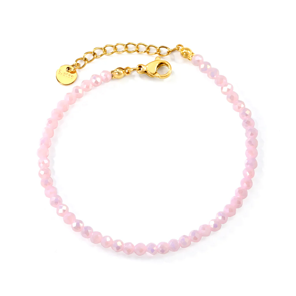 Stelluxe Stainless Steel Gold Color PVD Light Pink Rhombic Round Beads Bracelet