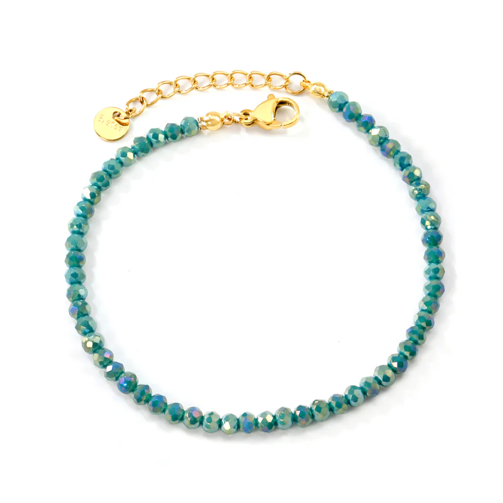 Stelluxe Stainless Steel Gold Color PVD Dark Green Rhombic Round Beads Bracelet