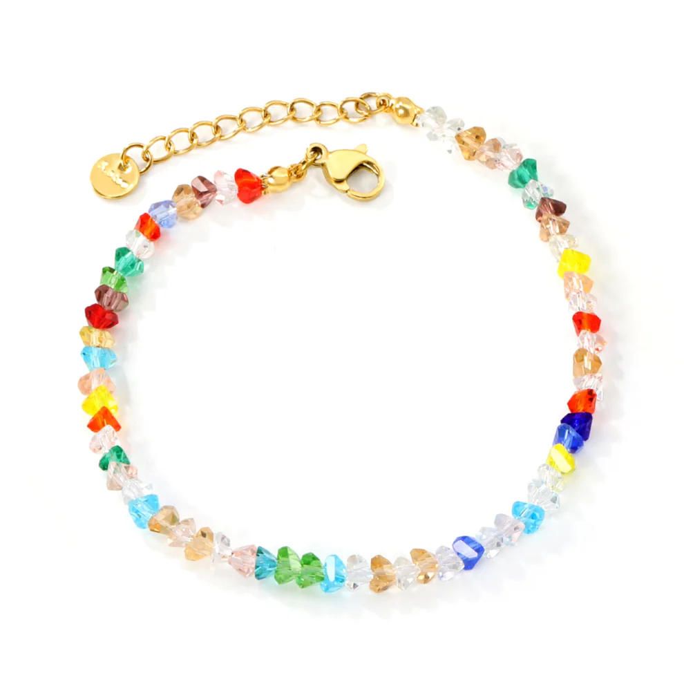 Stainless Steel Gold Color PVD Diamond Triangle Mixed Color Stone Bracelet