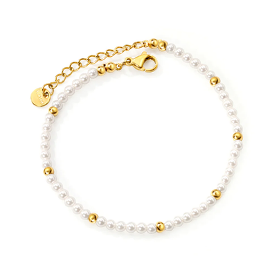Stelluxe Stainless Steel Gold Color PVD Round Tag White Shell Beads And Small Steel Beads Bracelet