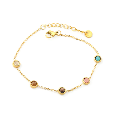 Stelluxe Stainless Steel Gold Color PVD 5 Round Discs Multi Color Cubic Zirconia Round Tag Bracelet