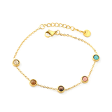 Stelluxe Stainless Steel Gold Color PVD 5 Round Discs Colored Cats Eye Round Tag Bracelet