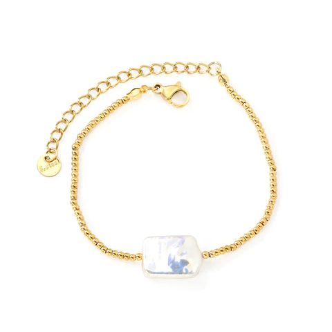 Stelluxe Stainless Steel Gold Color PVD Rectangular Imitation White Pearl Steel Ball Chain Bracelet