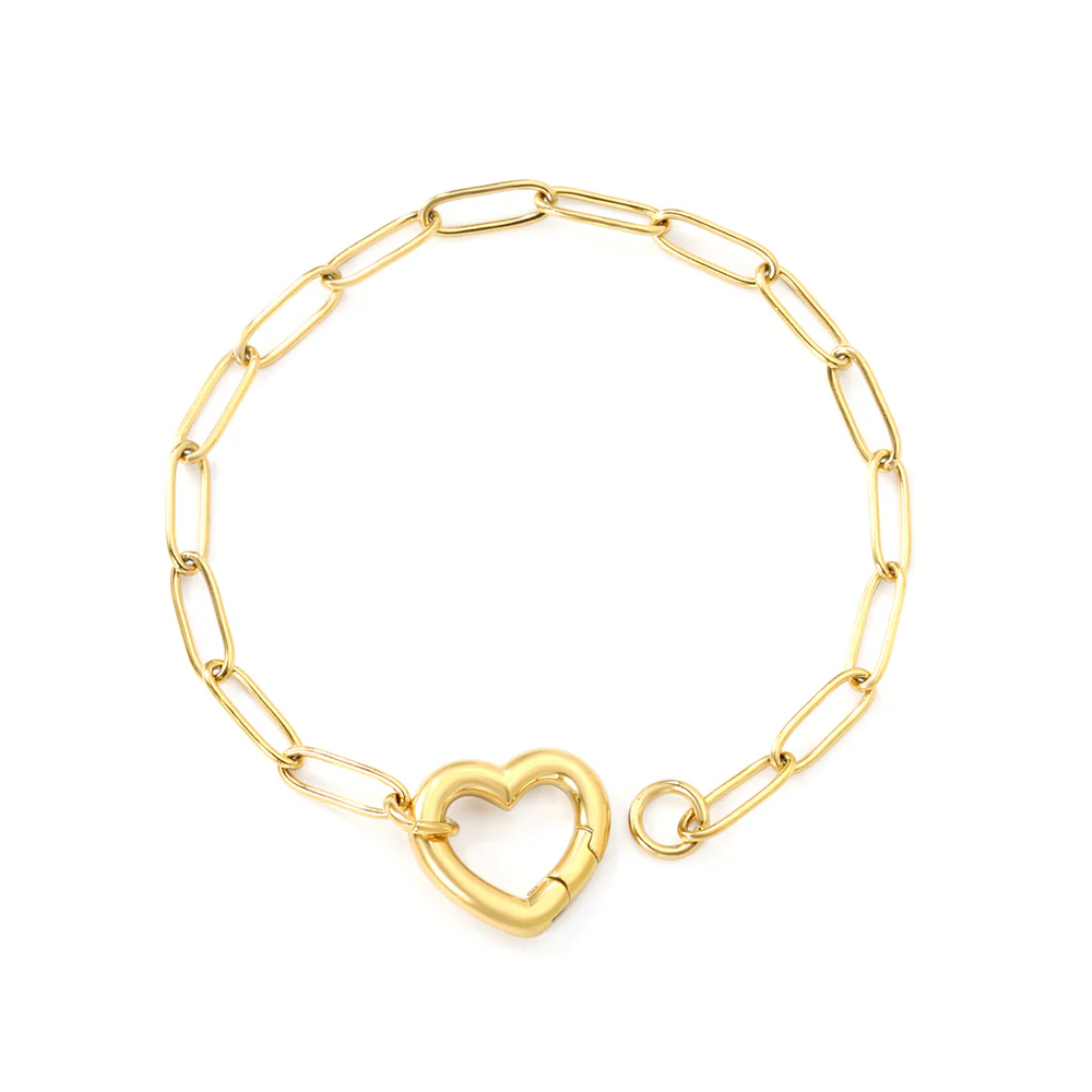 Stainless Steel Gold Color PVD Wire Peach Heart Clasp Bracelet With Round Plague