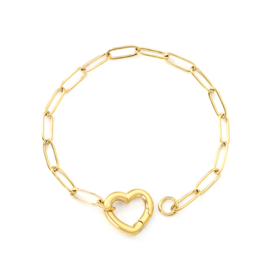 Tresoli Stainless Steel Gold Color PVD Wire Peach Heart Clasp Bracelet With Round Plague