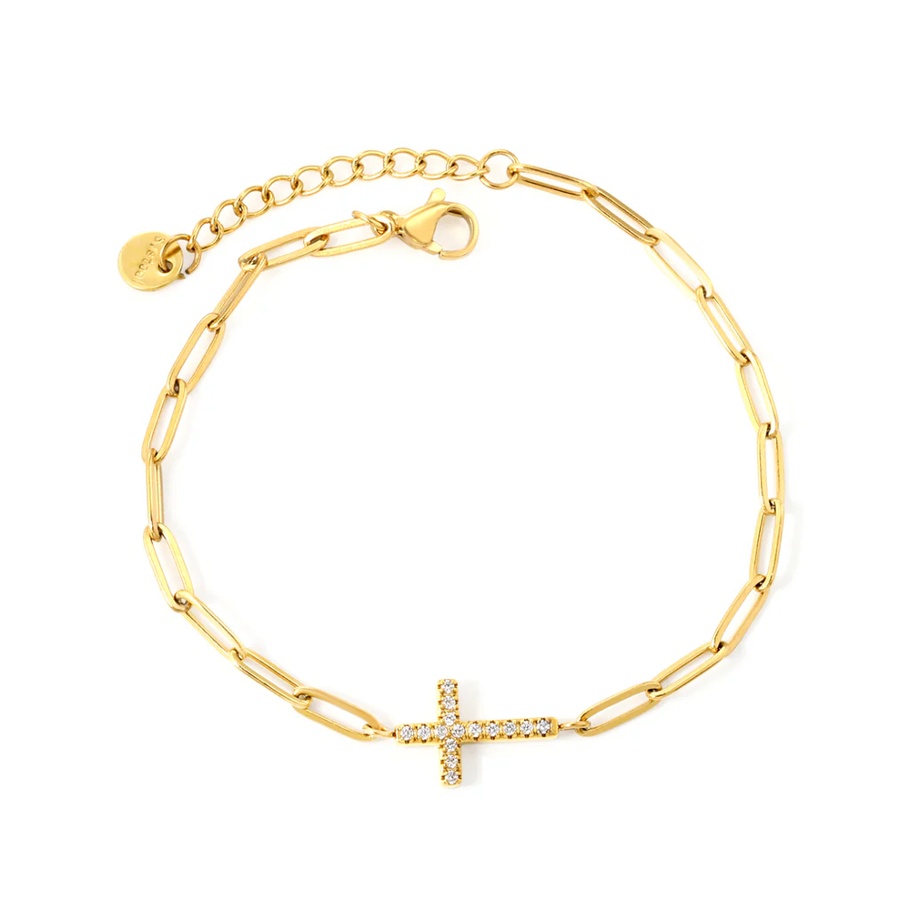 Stainless Steel Gold Color PVD Cross CNC White Zirconia Long Flat Cross Round Tail Plague Bracelet