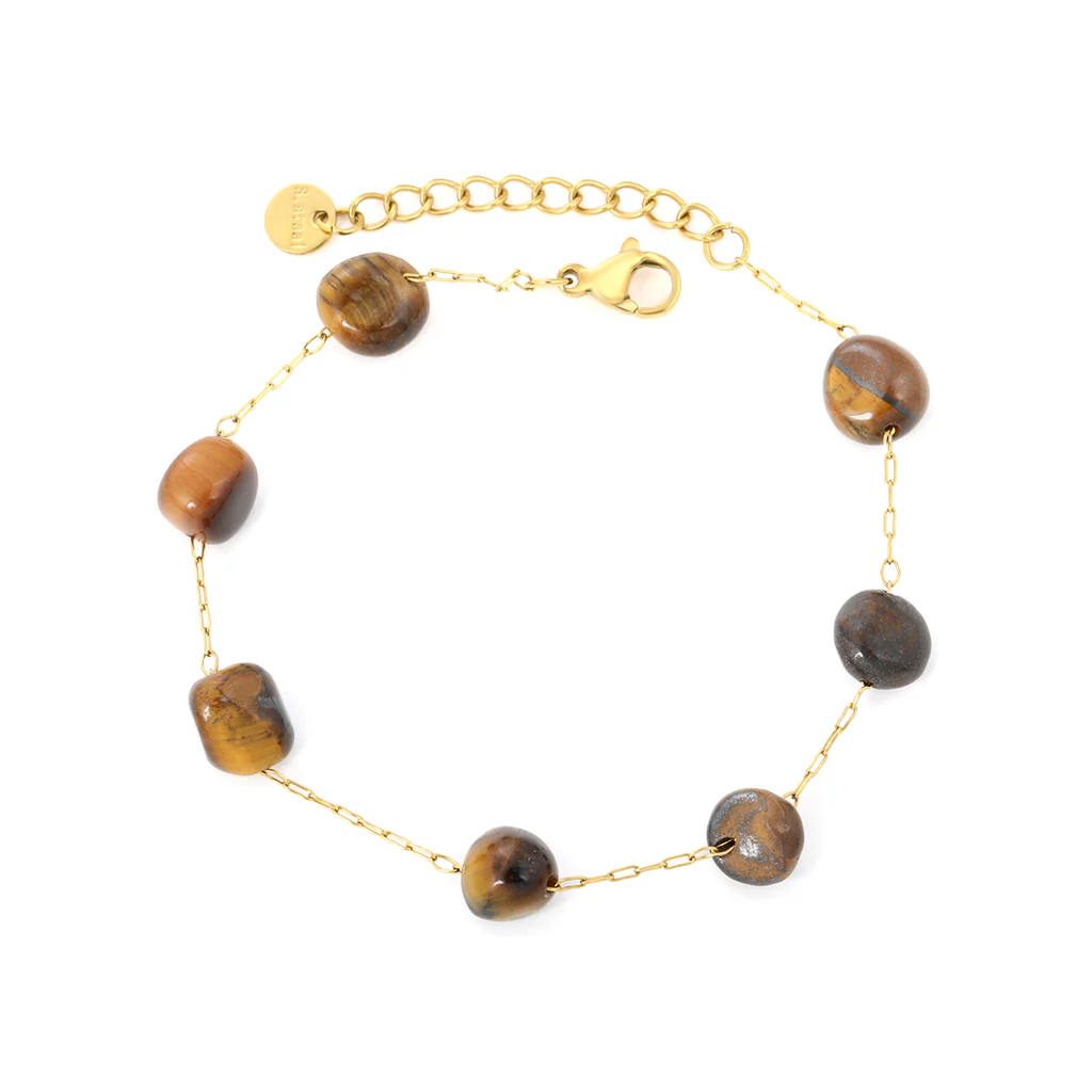 Stelluxe Stainless Steel Gold Color PVD Tiger's Eye Bead With Long Clasp Cross Chain Round End Cap Bracelet