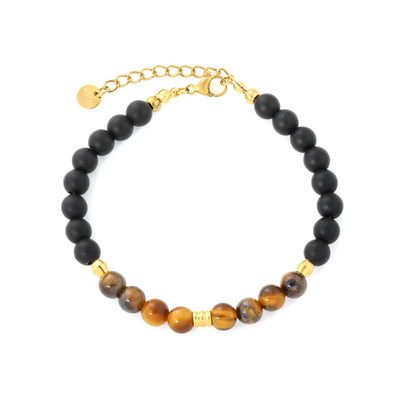 Stelluxe Stainless Steel Gold Color PVD Tiger's Eye Stone With Black Bead Accents Round Tag Bracelet