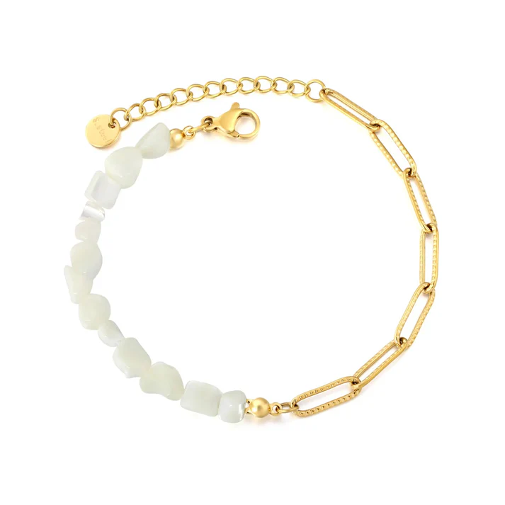 Stainless Steel Gold Color PVD White Crushed Shell Mosaic Textured Paperclip Chain Bracelet