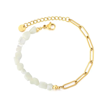 Load image into Gallery viewer, Tresoli Stainless Steel Gold Color PVD White Crushed Shell Mosaic Textured Paperclip Chain Bracelet