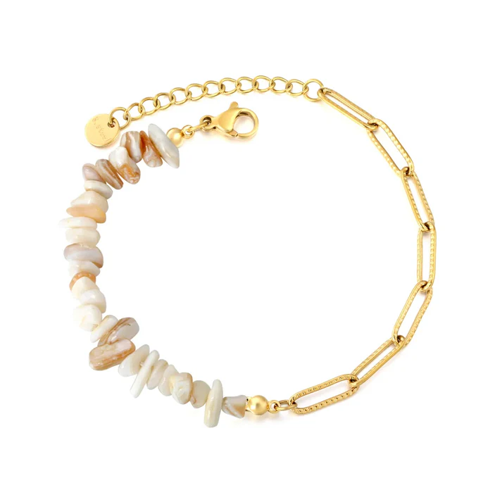 Stainless Steel Gold Color PVD Multi Color Crushed Shell Mosaic Textured Paperclip Chain Bracelet