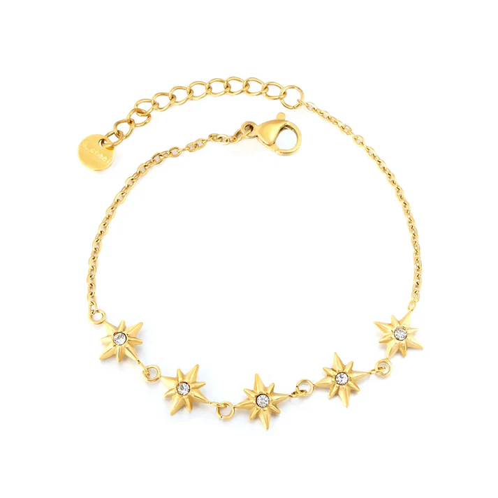 Stainless Steel Gold Color PVD White Crystals Eight Pointed Star Cross Chain Bracelet