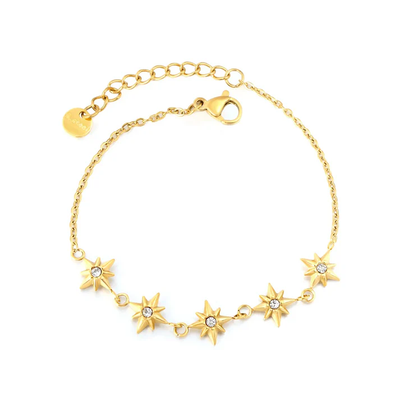 Tresoli Stainless Steel Gold Color PVD White Crystals Eight Pointed Star Cross Chain Bracelet