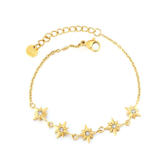 Tresoli Stainless Steel Gold Color PVD White Crystals Eight Pointed Star Cross Chain Bracelet