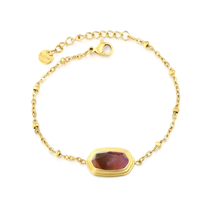 Stainless Steel Gold Color PVD Rhombus Amethyst Natural Stone Bead Clamp Chain Bracelet