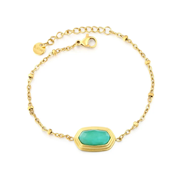 Stainless Steel Gold Color PVD Rhombus Blue Natural Stone Bead Clamp Chain Bracelet