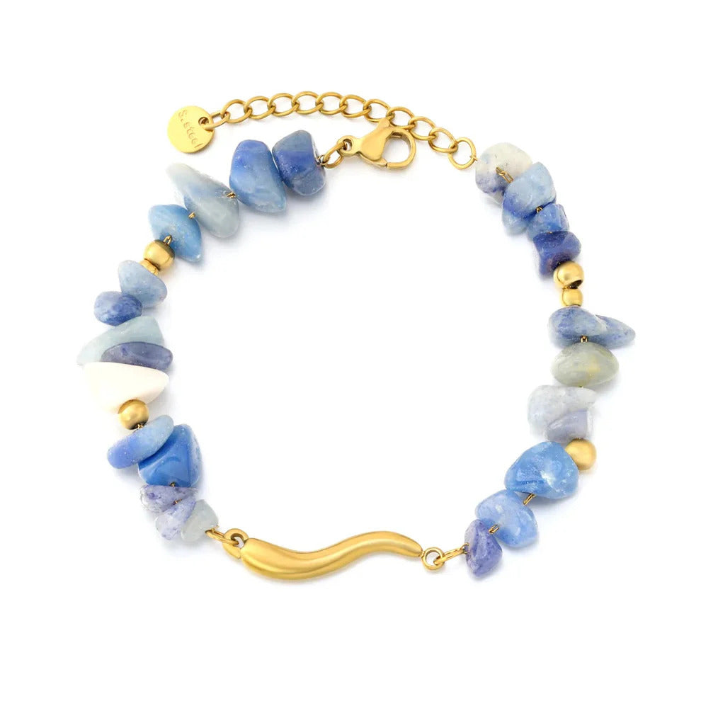 Stainless Steel Gold Color PVD Blue Aventurine Irregular Twig Charm Bracelet
