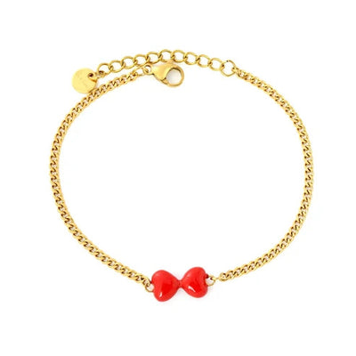 Stainless Steel Gold Color PVD Red Enamel Heart And Charm Bow Bracelet With Round Tail Tag