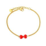 Stainless Steel Gold Color PVD Red Enamel Heart And Charm Bow Bracelet With Round Tail Tag