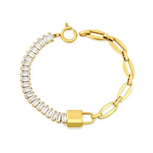 Load image into Gallery viewer, Stainless Steel Gold Color PVD Polished Lock Rectangle Zircon Claw Chain And Handmade Chain Bracelet