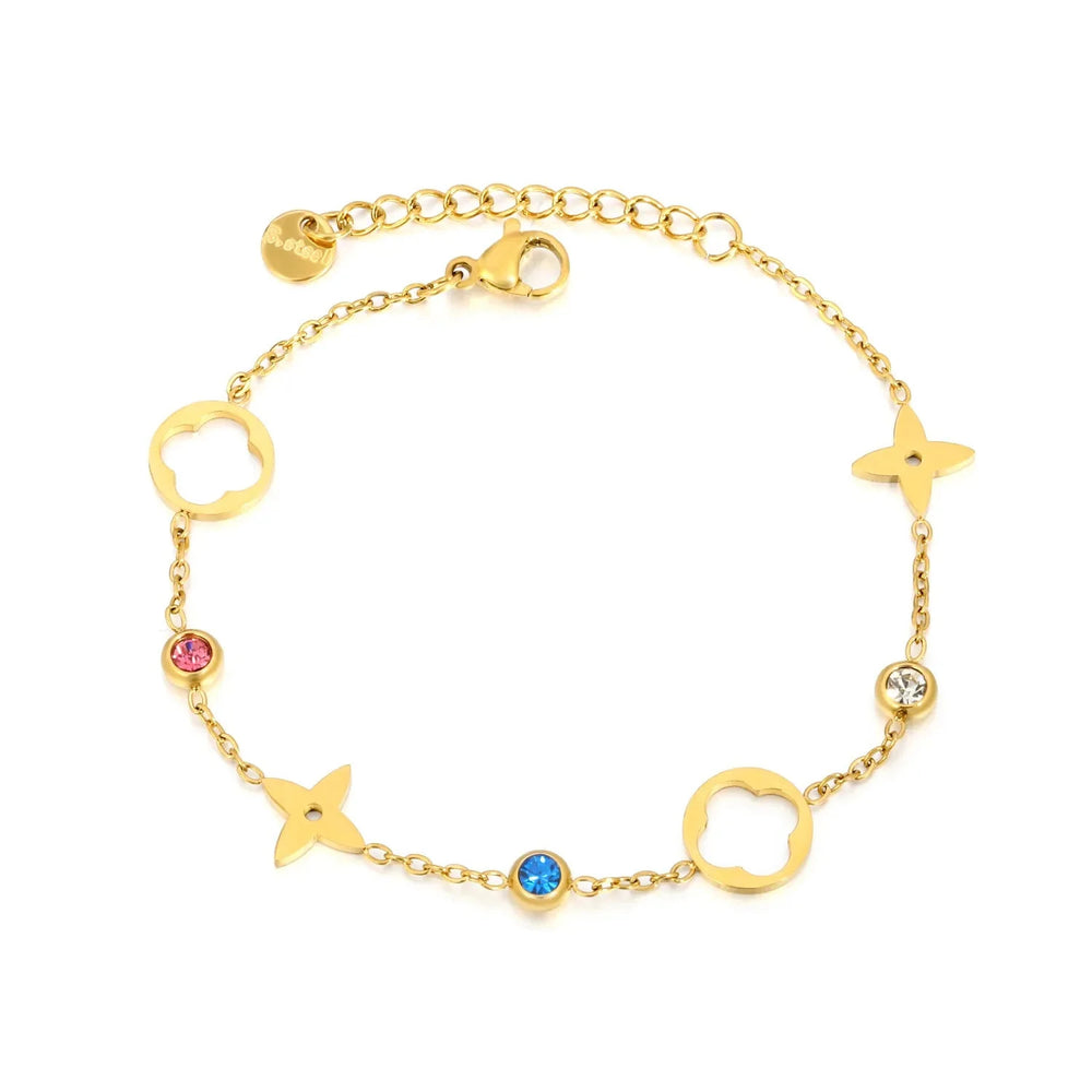 Stainless Steel Gold Color PVD Mixed Zircon Hollow Clover And Four Leaf Charm Cross Chain Bracelet