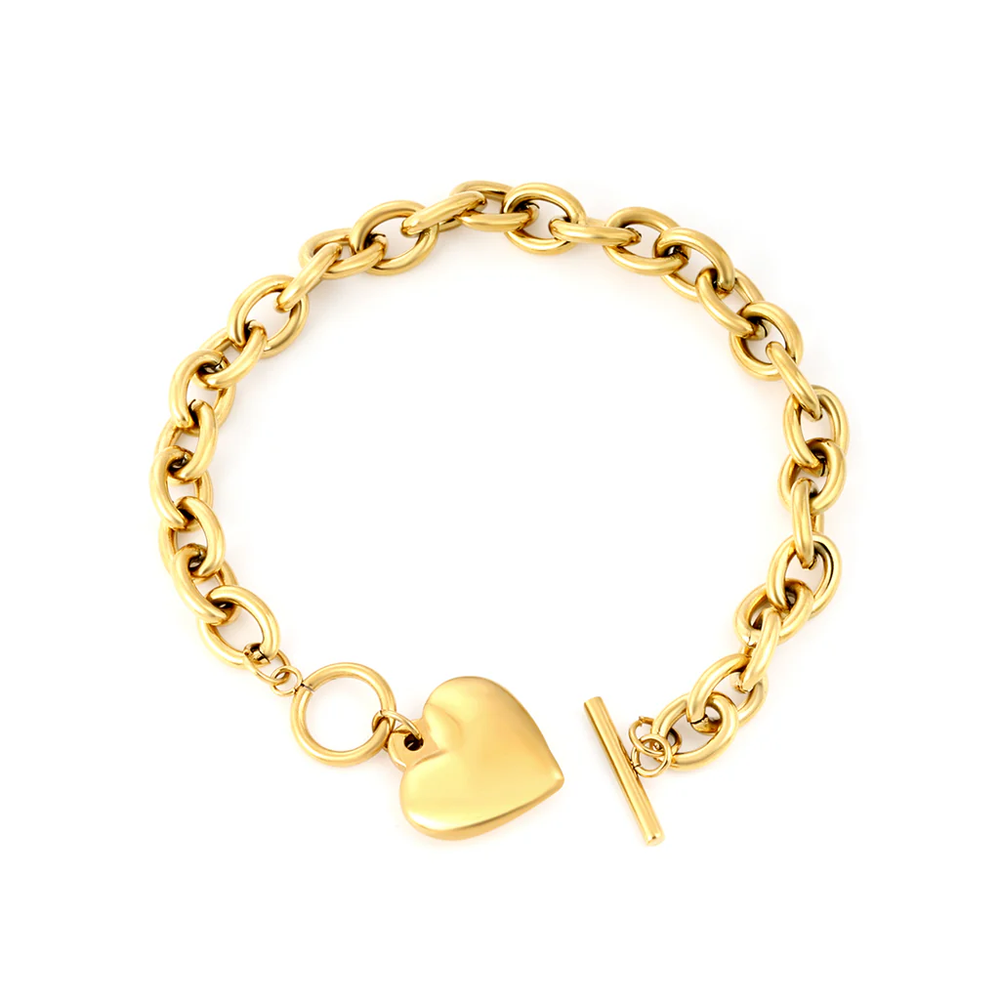 Stainless Steel Gold Color PVD Heart Oversized Chain Bracelet