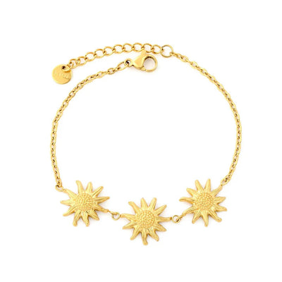 Stainless Steel Gold Color PVD Three Sunflower Charms Cable Chain Round Tag Bracelet