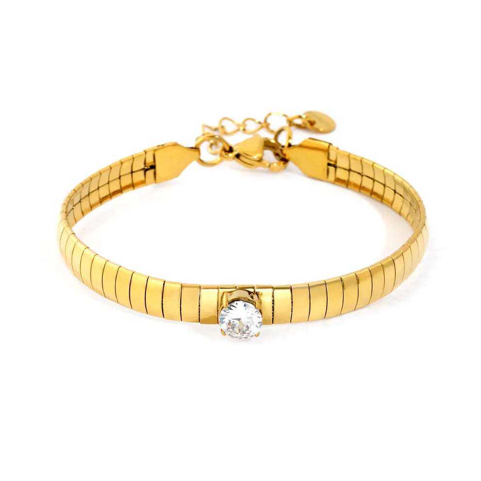 Tresoli Stainless Steel Gold Color PVD Prong Set Round Zircon Necklace With Snake Bone Chain