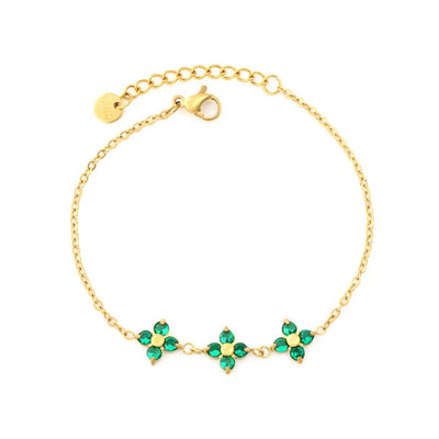 Stainless Steel Gold Color PVD Three Four Leaf Clover Emerald Zircon Charms Cable Chain With Round Tail Tag Bracelet