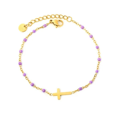 Stainless Steel Gold Color PVD Purple Enamel Bead Cross Charm Bracelet With Round Tail Tag