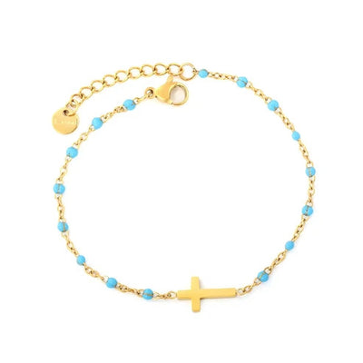 Stainless Steel Gold Color PVD Blue Enamel Bead Cross Charm Bracelet With Round Tail Tag