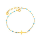 Stainless Steel Gold Color PVD Blue Enamel Bead Cross Charm Bracelet With Round Tail Tag