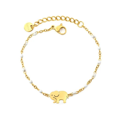 Stainless Steel Gold Color PVD White Enamel Bead Smooth Elephant Charm Bracelet With Round Tail Tag