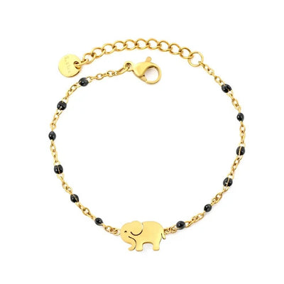 Stainless Steel Gold Color PVD Black Enamel Bead Smooth Elephant Charm Bracelet With Round Tail Tag