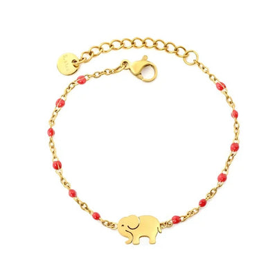 Stainless Steel Gold Color PVD Red Enamel Bead Smooth Elephant Charm Bracelet With Round Tail Tag