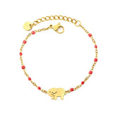 Stainless Steel Gold Color PVD Red Enamel Bead Smooth Elephant Charm Bracelet With Round Tail Tag
