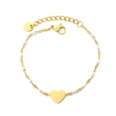 Stainless Steel Gold Color PVD White Enamel Bead Smooth Heart Charm Bracelet With Round Tail Tag
