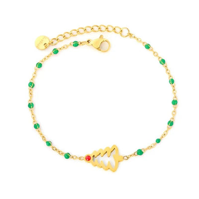 Stainless Steel Gold Color PVD Green Enamel Bead Smooth Red Enamel Christmas Tree Charm Bracelet With Round Tail Tag