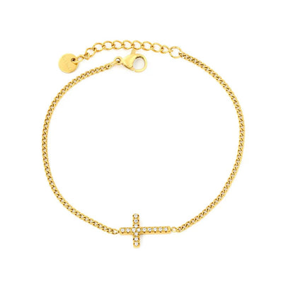 Stainless Steel Gold Color PVD White Zircon Cross Double Side Polished Chain With Round Tail Tag Bracelet