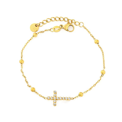 Stainless Steel Gold Color PVD White Zircon Cross Bead Interspersed Cable Chain With Round Tail Tag Bracelet