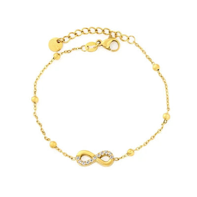 Stainless Steel Gold Color PVD Infinity Charm Inlaid White Zircon Bracelet With Round Tail Tag